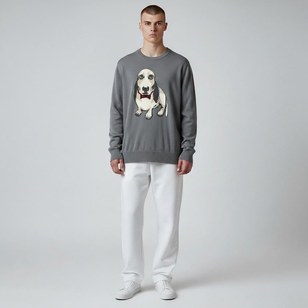 Merona Sweater L Gray Basset Hound Dog Red Bow Geek Chic Graphic Cotton Pullover
